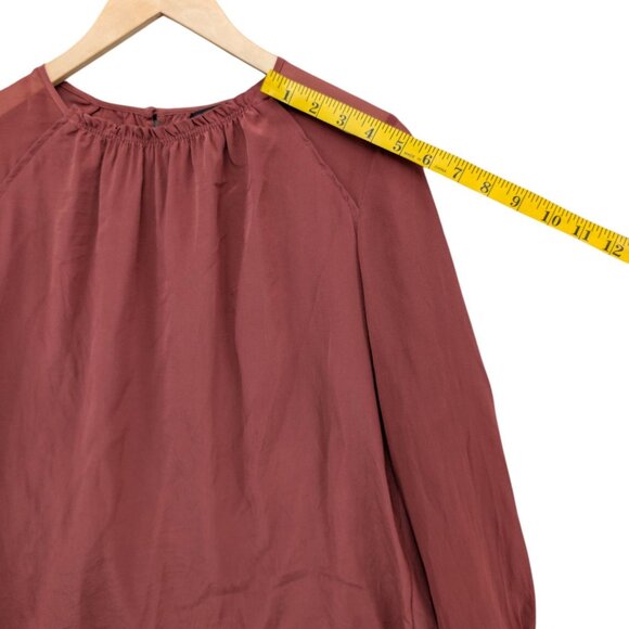 Club Monaco Silk Ruched Neck Top Womens Terracotta Red Long Sleeve Blouse Size M - Picture 9 of 9